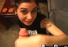 Tattooed emo chick enjoys sucking big shlong on a pov camera