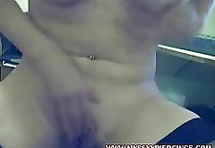 Pierced nipple amateur in sexy lace stockings masturbating