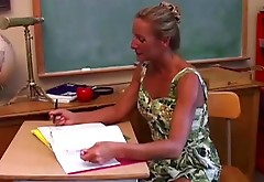 Horny mature teacher fucks her pussy and sucks cock